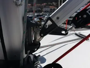 Close-up of rigging on a 2019 Jeanneau Sun Odyssey 389 sailboat.