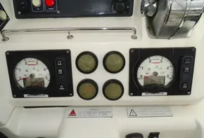 Control panel of a 2017 Leopard 45 yacht with gauges and switches.
