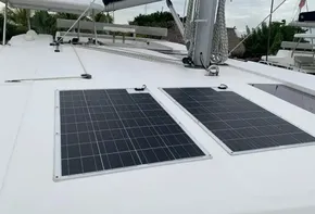 Solar panels on a 2021 Leopard 45 catamaran deck.