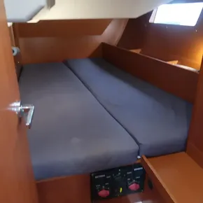 2019 Beneteau Oceanis 41.1 cabin interior with double bed and wooden finish.