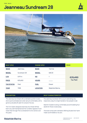 Boat Spec available Malahide Marina Office