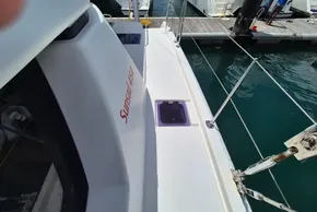 Leopard 45 catamaran docked, showcasing deck and railing, 2021 model.