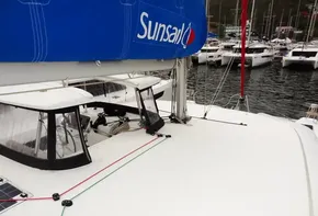 Lagoon 42 catamaran, 2020 model, docked at marina with Sunsail branding.