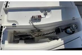 Anchor locker of 2022 Leopard 45 catamaran with chain and winch system.