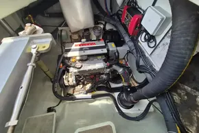 Engine compartment of a 2021 Leopard 45 catamaran featuring a Yanmar engine.