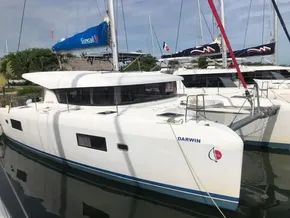 2020 Lagoon 42 catamaran docked at marina.