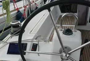 Beneteau Oceanis 41.1 yacht steering wheel and navigation controls, 2019 model.