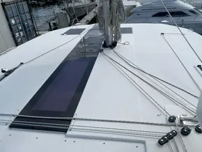 Deck of 2020 Leopard 50 yacht with rigging and solar panel.