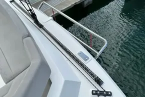 Leopard 50 yacht deck detail with railing and water view, 2021 model.