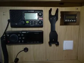 Control panel of a 2017 Beneteau Oceanis 45 yacht with radio and navigation equipment.