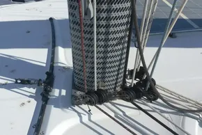 Close-up of rigging on a 2017 Lagoon 42 catamaran sailboat deck.