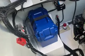 Blue battery box in 2019 Leopard 45 yacht engine compartment.