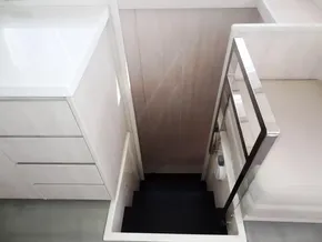 Staircase and interior of 2015 Leopard 51 Powercat yacht.
