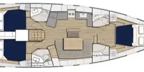 Floor plan of 2020 Beneteau Oceanis 46.1 sailboat, featuring spacious cabins and living area.