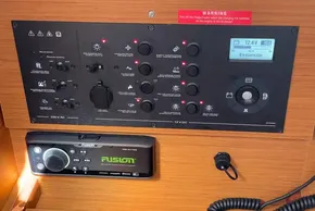 Control panel of a 2019 Jeanneau Sun Odyssey 389 sailboat with Fusion audio system.