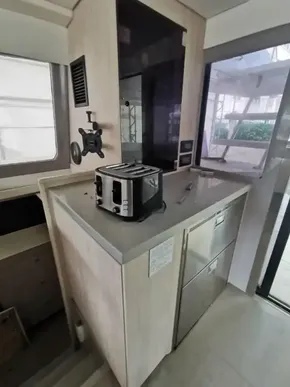 2017 Leopard 43 Powercat kitchen area with toaster and modern appliances.