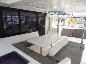 Spacious outdoor seating area on a 2021 Leopard 40 catamaran.