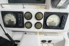 Control panel of a 2019 Leopard 45 catamaran with gauges and dials.