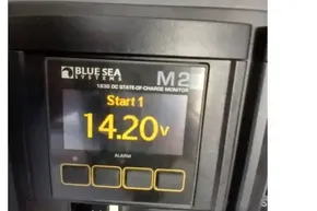 Blue Sea Systems M2 monitor displaying 14.20 volts on Leopard 45, 2018 model.