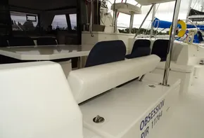 Leopard 45 catamaran, 2017 model, featuring spacious seating and dining area on deck.