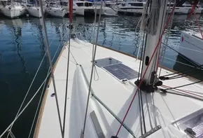 2017 Jeanneau Sun Odyssey 389 sailboat deck at marina.