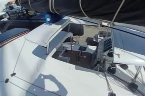 2024 Lagoon 42 catamaran deck with solar panels and rigging details.