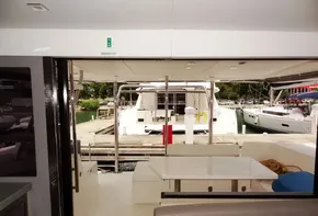 Interior view of 2020 Leopard 43 Powercat yacht at dock.