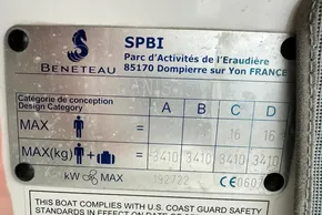 Beneteau Oceanis 51.1 2023 design category plate with capacity details.