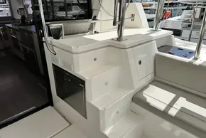 Interior view of a 2021 Leopard 50 yacht, featuring a modern kitchen and seating area.