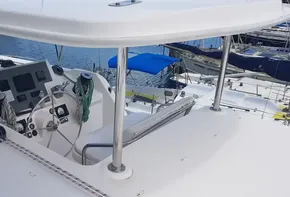 Leopard 48 yacht helm station, 2017 model, docked at marina.