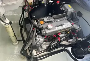 Engine compartment of a 2019 Leopard 45 yacht, showcasing detailed mechanical components.