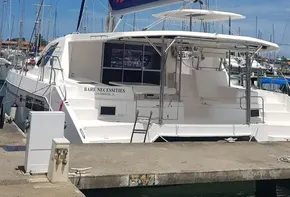 Leopard 48 catamaran docked at marina, 2017 model.