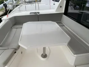 Leopard 45 yacht interior with sleek seating and table, 2021 model.