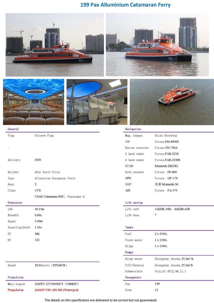 199Pax & 300Pax Ferries Available for Sale