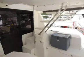 Leopard 43 Powercat 2020 yacht interior with stairs and storage box.