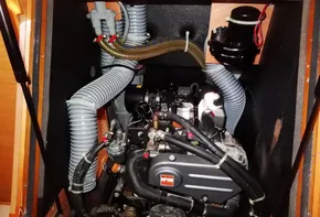 Engine compartment of a 2017 Jeanneau Sun Odyssey 389 sailboat.