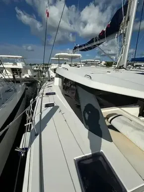 2020 Leopard 50 yacht docked under a clear blue sky.