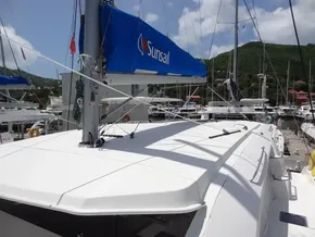 Leopard 40 catamaran docked in marina, featuring Sunsail branding, 2021 model.