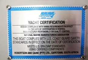 NMMA Yacht Certification plaque for 2017 Leopard 43 Powercat by Robertson and Caine.