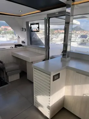 Modern interior of 2019 Leopard 45 yacht with sleek design and ample natural light.