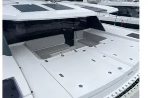 2022 Leopard 45 yacht with solar panels and spacious seating area.