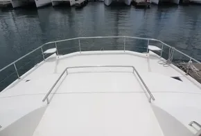 View from the bow of a 2020 Leopard 43 Powercat in a marina.