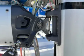 Close-up of Jeanneau Sun Odyssey 389 sailboat rigging, showcasing detailed hardware components.