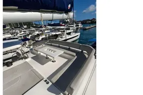 2021 Leopard 50 yacht with spacious deck seating at marina.