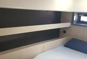 Interior cabin of a 2017 Leopard 48 yacht with modern design.