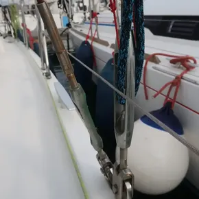 Close-up of rigging on a 2019 Beneteau Oceanis 41.1 sailboat in a marina.