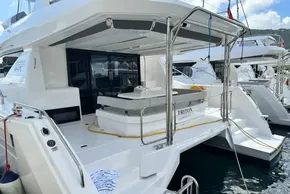 2025 Robertson and Caine Leopard 46 Powercat docked, showcasing sleek design and spacious deck.