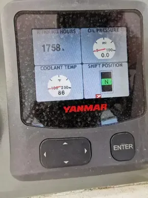 Yanmar engine display on a 2017 Leopard 51 Powercat showing running hours, oil pressure, coolant temp, and shift position.