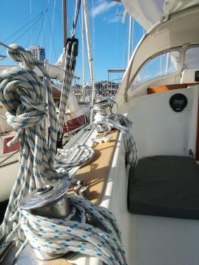Teak work, winches and mainsheet ofset to port for better cockpit space at anchor March 24