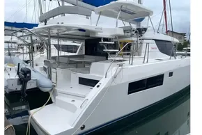 2022 Leopard 45 catamaran docked, featuring spacious deck and modern design.